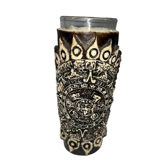 Aztec Mayan Calendar Tepoztlan Bud Vase, Ceramic Wrapped Glass 4” Tall - Picture 2 of 12